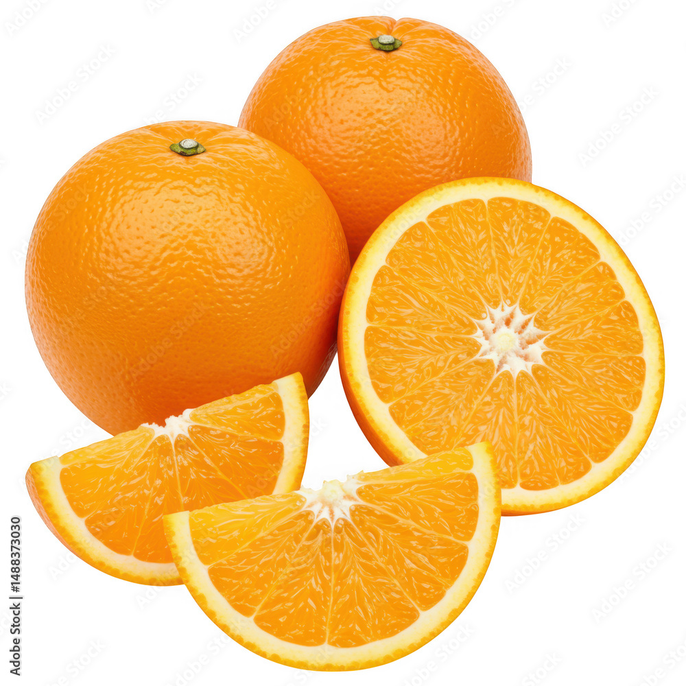 Poster fresh oranges with slices isolated on transparent background
