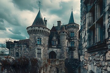 Naklejka premium Majestic Castle Architecture: A photograph showcasing the majestic architecture of a castle, transporting viewers to a bygone era