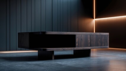 Timber furnishings in a contemporary dark environment. Image of a minimalist space with room for text.