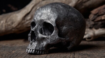 Naklejka premium Memento Mori: A Still Life Featuring a Metal Skull