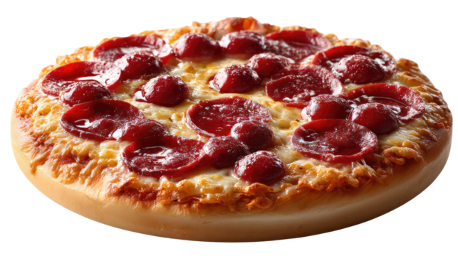 Pepperoni Pizza: A delicious, cheesy pepperoni pizza, perfect for a quick and satisfying meal.  The pepperoni slices are evenly distributed across the pizza.
