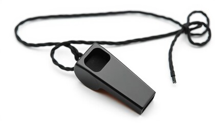 Obraz premium Classic black sports whistle with attached lace, isolated on white, official, judge