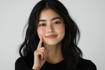 Smiling young woman with dark hair wearing a black top in a bright studio setting