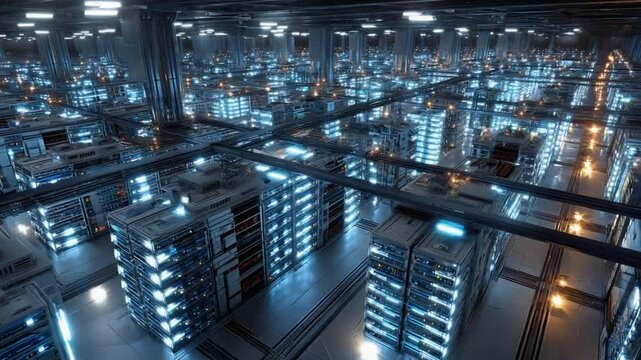 Data Center's Heart: A mesmerizing aerial view of a bustling data center, with rows of server racks illuminating the space in a symphony of light and technology.