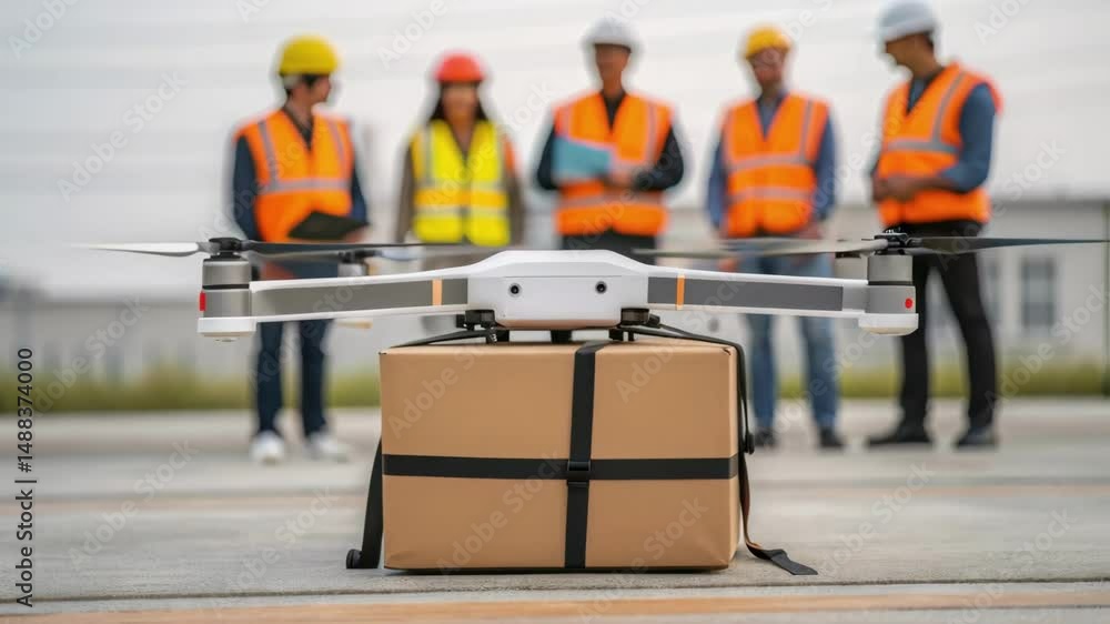Aufkleber Drone carrying package with engineers in background