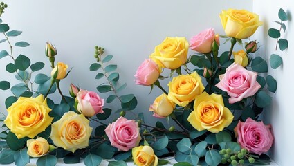Corner arrangement of pink and yellow rose flowers with eucalyptus leaves.