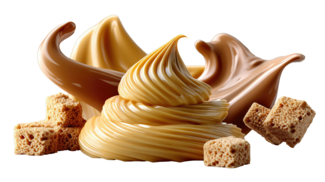 A Swirl of Delights: Close-up shot features a beautifully crafted composition of flowing swirls, accompanied by a selection of tempting cube-shaped.