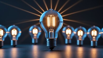 Bright lightbulb shining among dark bulbs representing inspiration, creativity, and understanding against a dark background