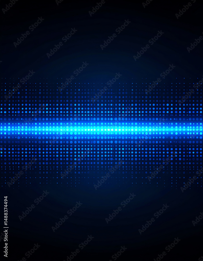 Poster a vibrant blue digital pattern with dots, creating a striking visual effect against a dark backgroun