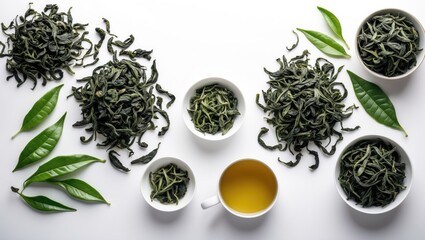 Fototapeta premium Loose Leaves and Brewed Tea Bowls of Iron Goddess of Mercy Oolong Set on a White Surface