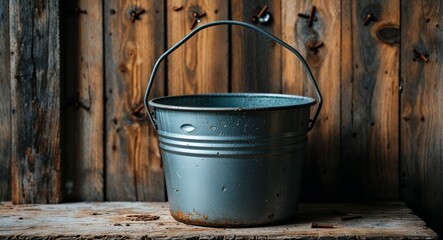 Fototapeta premium Steel pail with dents beside a wooden wall with rusty nails