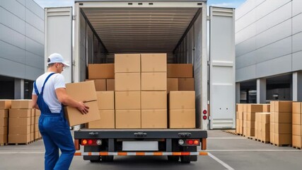 Loader unloading cardboard boxes from truck trailer at warehouse - Powered by Adobe
