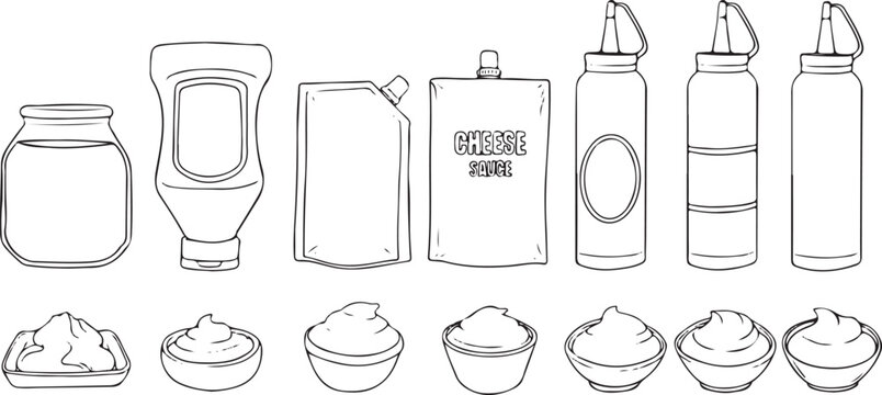 Outlined cartoon set of various dip containers and bowls with dips. Includes jars, squeeze bottles, pouches (cheese sauce), and small bowls with different sauces. Black and white line art.