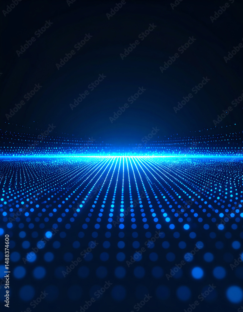 Poster a mesmerizing digital landscape featuring a grid of glowing blue dots against a dark background, cre