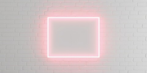 Pink Neon Light Square Frame on White Brick Wall Background Mockup
