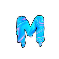 Liquid Chrome Letter M – Iridescent 3D Typography with Holographic Blue Texture on Black Background. Holographic, Neon Letter