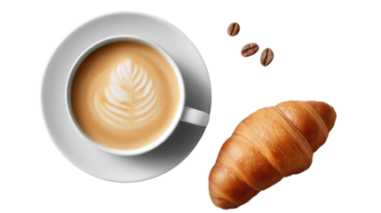 Morning Delight: A tempting trio of a fresh croissant, aromatic coffee, and a scattering of coffee beans, arranged invitingly on a light backdrop, promising a delightful start to the day.