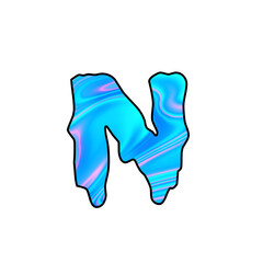 Liquid Chrome Letter N – Iridescent 3D Typography with Holographic Blue Texture on Black Background. Holographic, Neon Letter