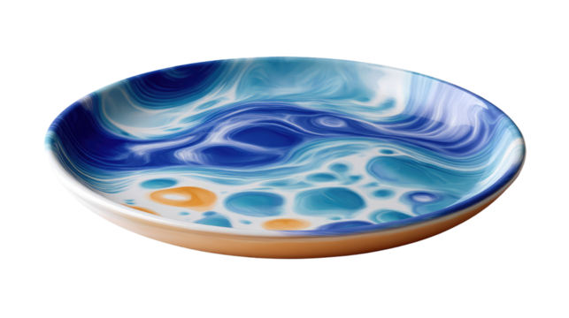 Ocean-inspired ceramic plate: A captivating ceramic plate, adorned with mesmerizing blue, teal, and white patterns, mimicking the tranquil waves of the ocean.