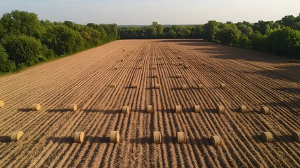 Hay bales lined up in rows across a harvested field