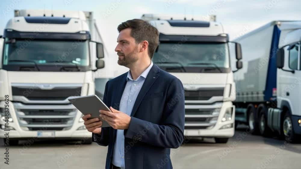Aufkleber Logistics manager using tablet in front of semi trucks