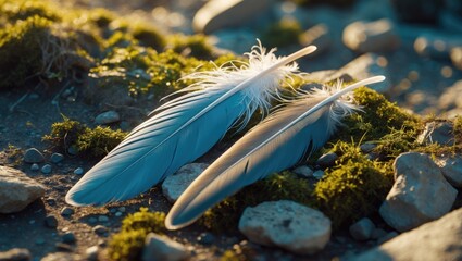 Two dark brown feathers with detailed patterns resting on a mossy, rocky surface.