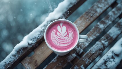 Background with a takeaway pink chai latte in a cup