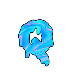 Liquid Chrome Letter Q – Iridescent 3D Typography with Holographic Blue Texture on Black Background. Holographic, Neon Letter