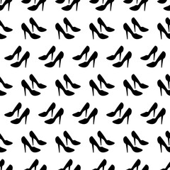  A repeating seamless pattern of silhouette high-heeled shoes on a white background.