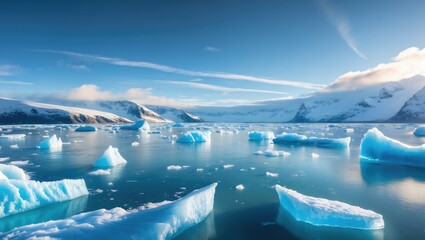 Broad view over the frozen glacial lagoon showcasing different blue arctic icebergs and snow-covered mountain range in the backdrop