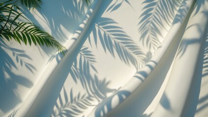Shadow of palm leaves on fabric texture background