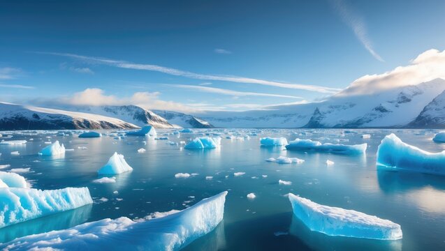 Broad view over the frozen glacial lagoon showcasing different blue arctic icebergs and snow-covered mountain range in the backdrop