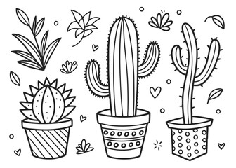 Hand-Drawn Cactus & Succulent Doodle Vector Set – Exotic Plants & Potted Greenery