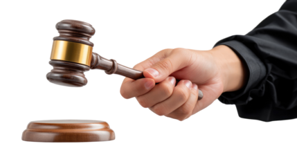 Justice Symbol: The image of a judge's hand firmly holding a gavel, ready to strike, symbolizing the essence of law, justice, and fairness in a court of law setting.