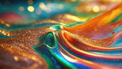 Liquid glitter blend. Blurred colorful shimmering metallic sand particle texture ink pigment fluid spill abstract artwork backdrop.