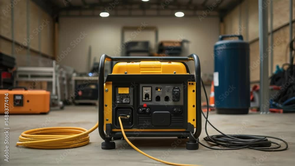 Poster portable generator plugged in inside workshop, identical shots