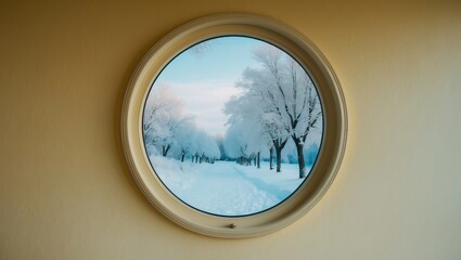 Fototapeta premium Circular window revealing a snow-covered view