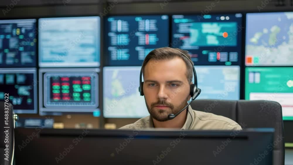 Aufkleber Security operator monitoring multiple screens in control room