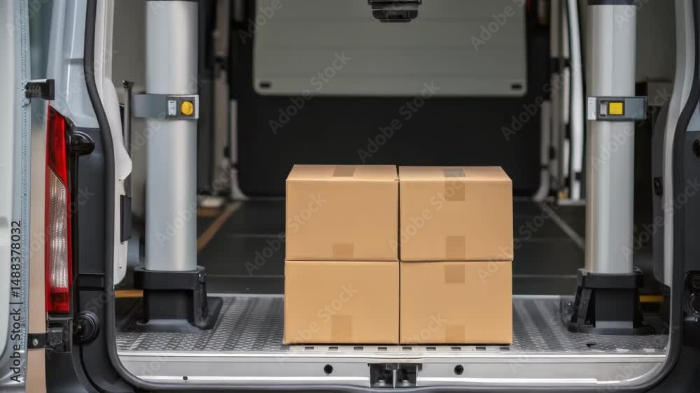 Poster robotic arm loading cardboard boxes into delivery van