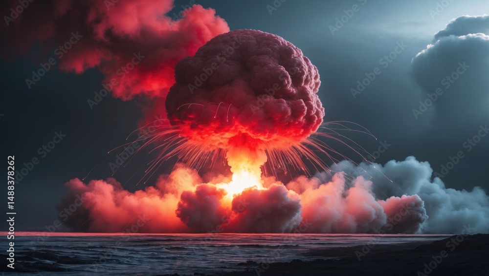 Poster realistic explosion of an atomic bomb with red color and smoke in the background