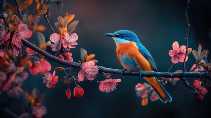 Vibrant bird perched amidst spring blossoms.