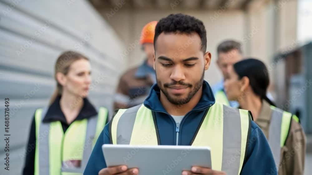 Poster focused engineer using digital tablet on construction site with colleagues