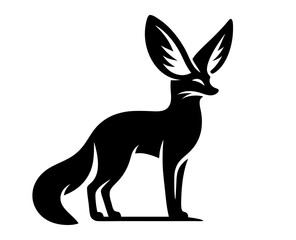 Obraz premium Fennec fox silhouette with large ears and long tail in black on white background. Clipart image isolated on background.