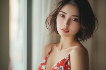 Beautiful woman poses elegantly by the window in a floral dress, showcasing a blend of grace and tranquility in an indoor setting in Japan