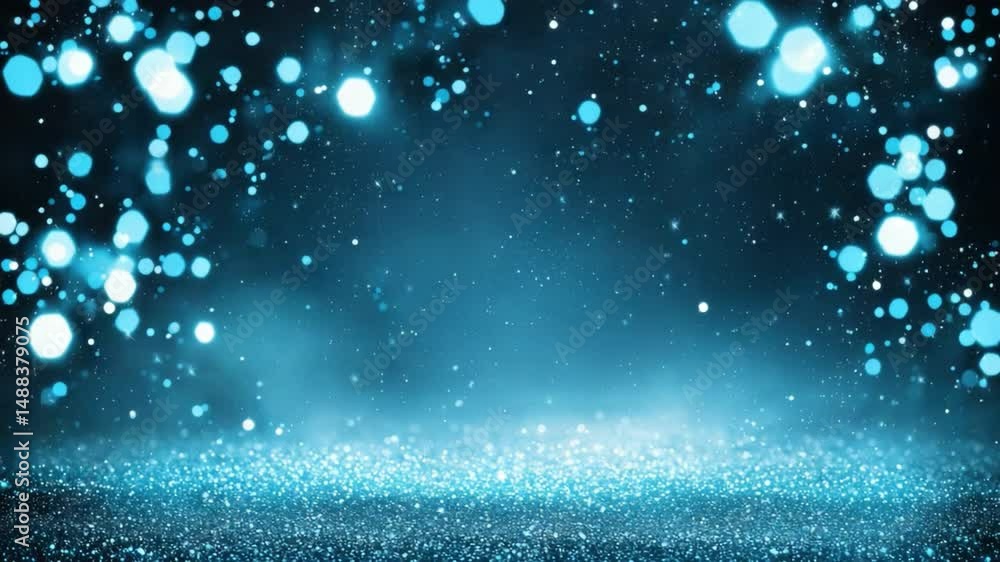 Poster abstract glowing blue particles in dark background with bokeh effect and shimmering light reflection