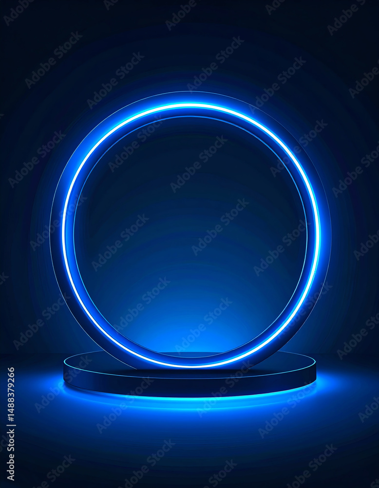 Poster a glowing blue circular neon display set against a dark background, creating a modern and futuristic