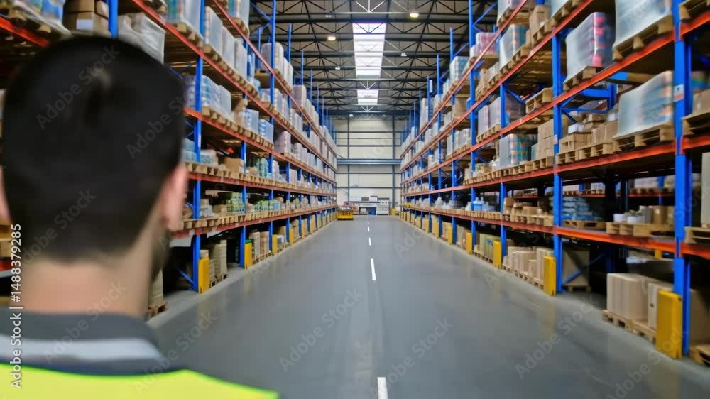 Poster Warehouse worker monitoring activity with laptop and live view