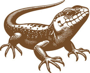 Stylized illustration of a lizard, rendered in brown and white. The design uses intricate line work to depict the lizard's textured skin and elongated tail.