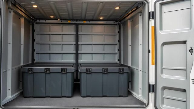 White delivery van opening its back doors, revealing storage boxes