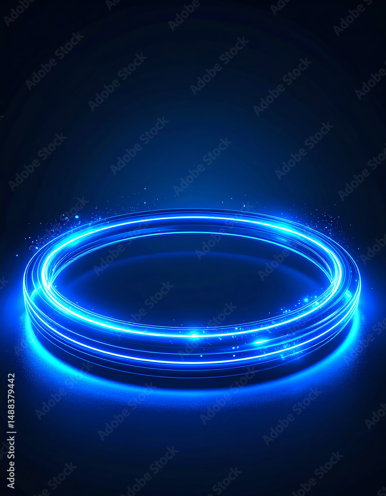Poster a glowing blue circular design with sparkling effects, set against a dark background, creating a fut